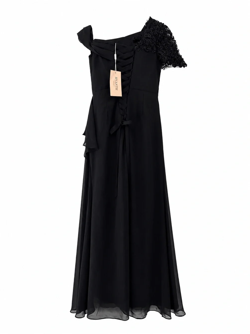 Black Chiffon One Shoulder Gown Corset Lace Back Wedding Guest Formal Dress Sz 4 - Picture 9 of 10